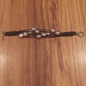 Dark Brown Leather Pearl Sterling Silver Bracelet
